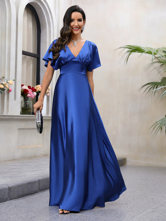 Damen Maxikleid mit fließendem Satin und luftigen Ärmeln EB