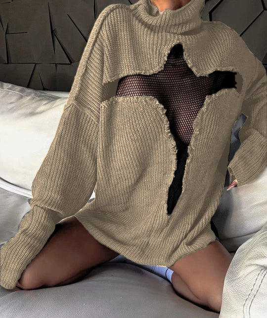 Damen Oversized Strickpullover mit aufregendem Mesh-Einsatz und unkonventionellem Design EB