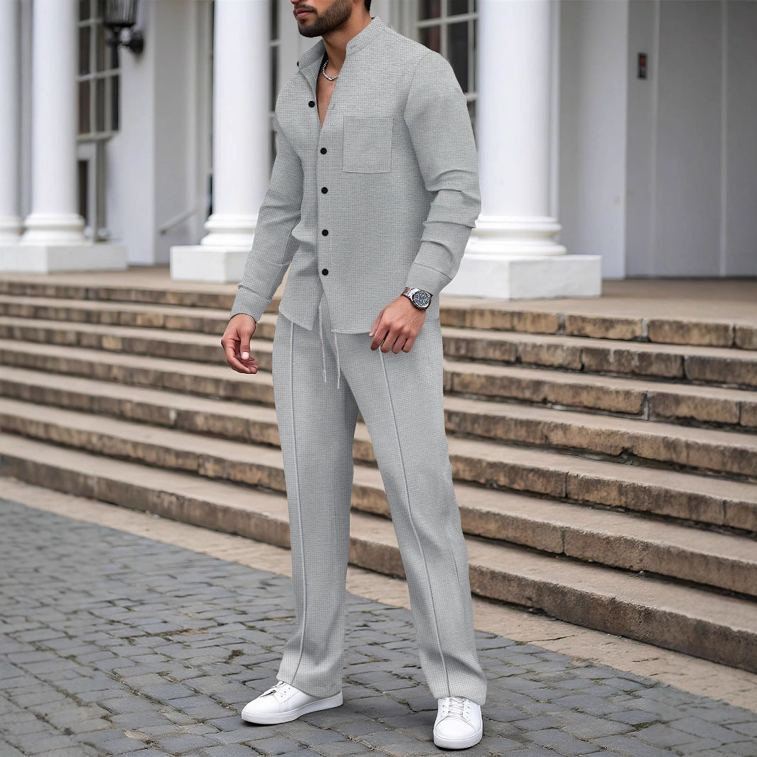 Herren nan lässiges Hemd-Hose Lounge-Set aus strukturiertem Baumwollmischgewebe EB