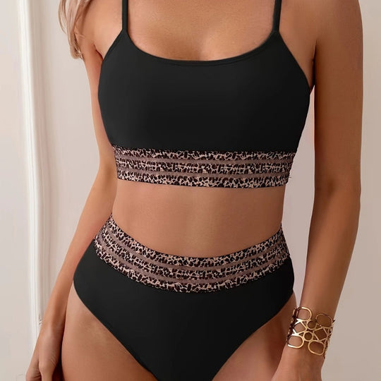 Damen Bikini-Top mit hoch geschnittenem Unterteil und Leopardendruck EB