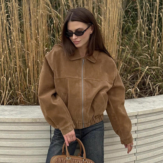 Damen Modische Wildlederjacke mit elastischem Bund und asymmetrischem Kragen EB