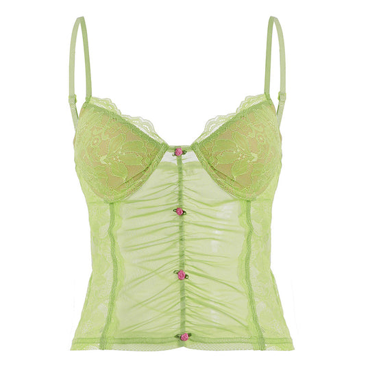 Damen Spitzen-Camisole mit wunderschöner Raffung und knopfartigen Akzenten EB