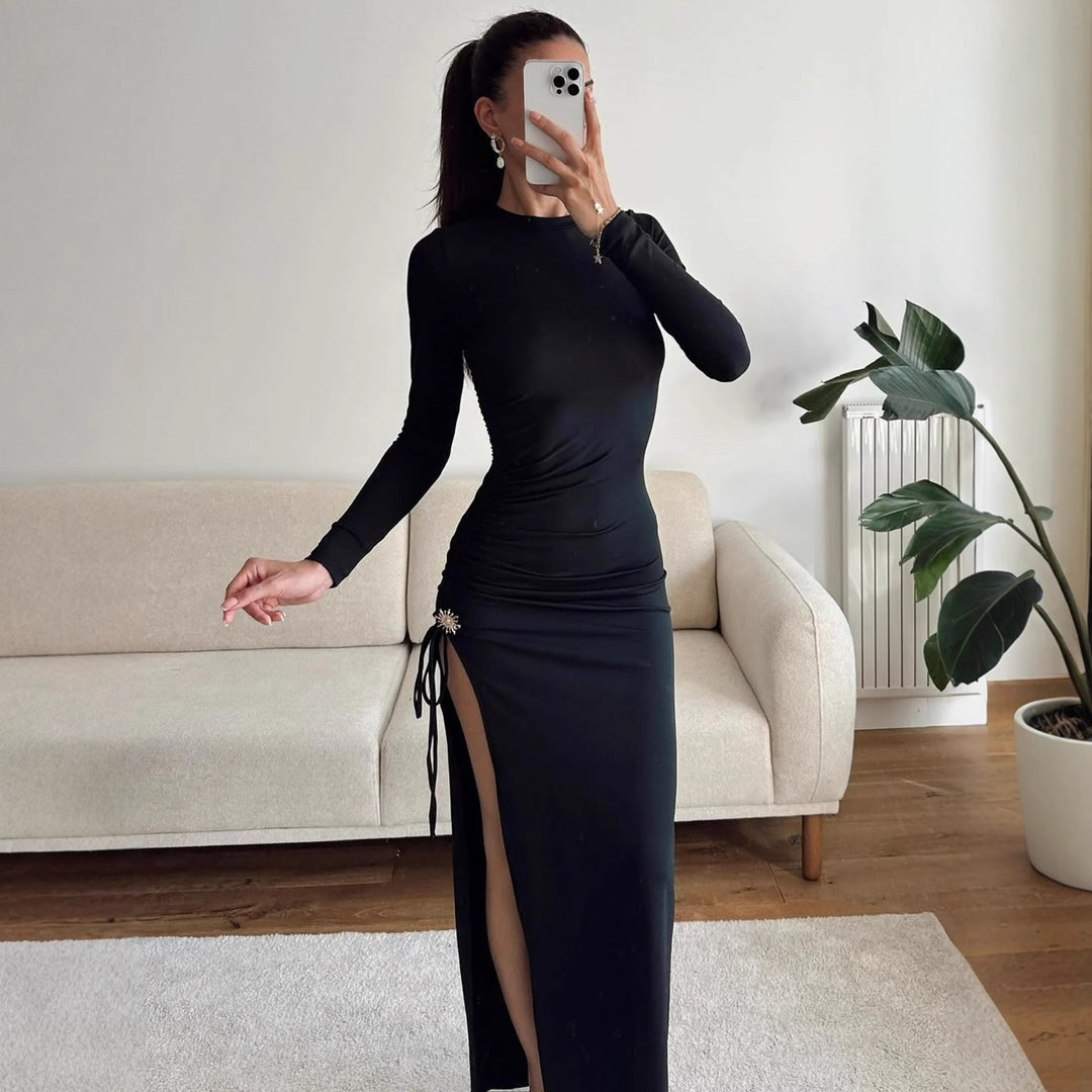 Damen elegantes, figurbetontes Kleid mit Raffungen und hohem Schlitz EB