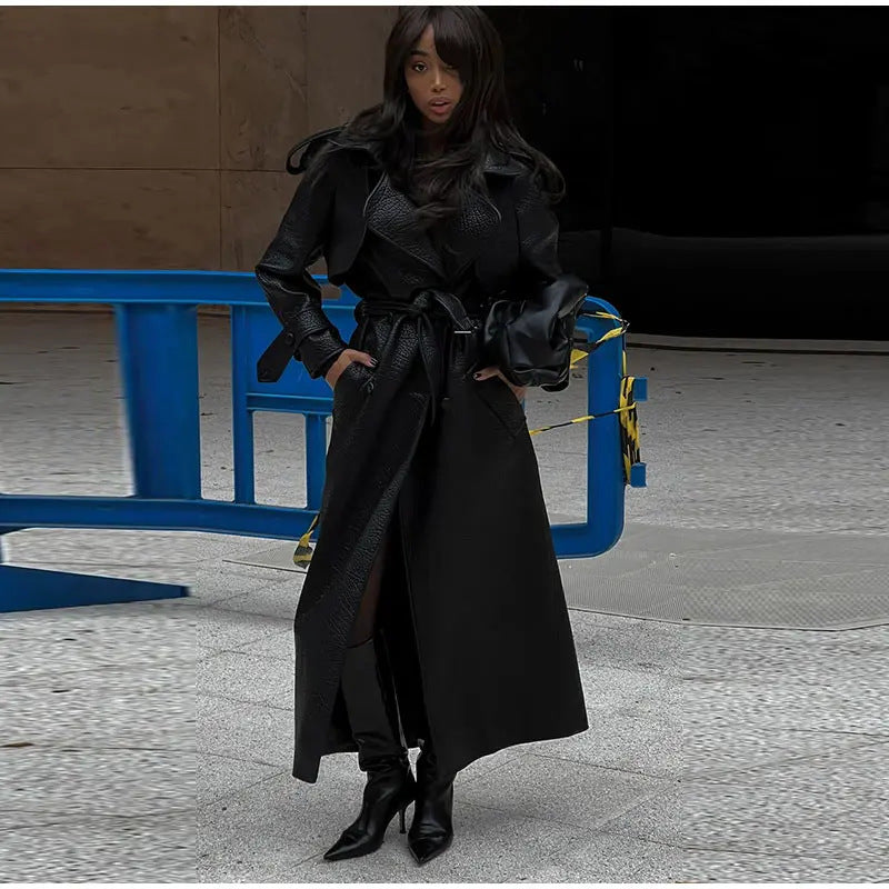 Damen Oversized Kunstleder-Trenchcoat mit hohem Kragen und abnehmbaren Gürtel EB
