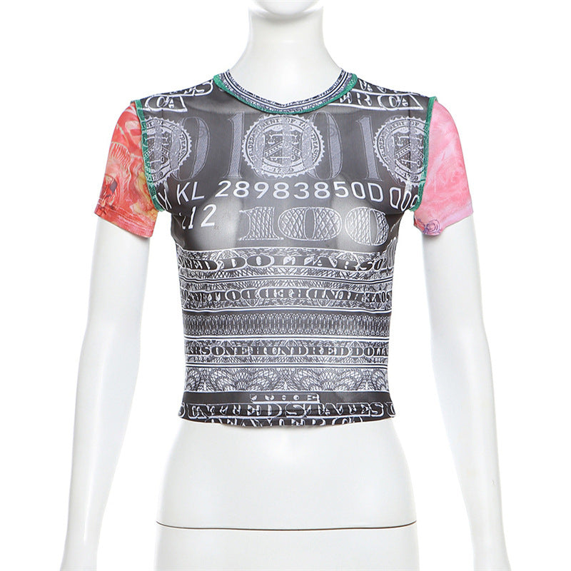 Damen Crop-Top mit kunstvollem Geldmotiv und farbenfrohem Ärmeldesign EB