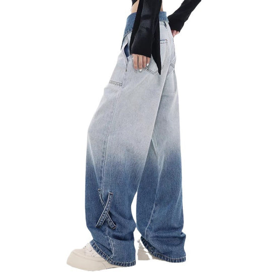 Damen Weite Denim-Jeans mit einzigartigem Farbverlauf und modischen Akzenten EB
