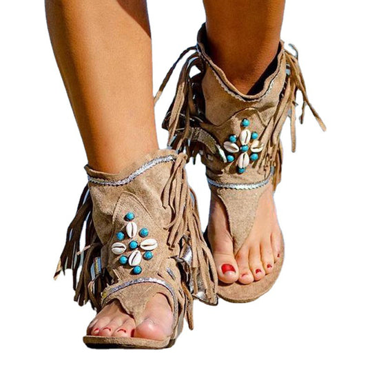 Damen Freizeitsandalen mit Fransen und detailreicher Dekoration EB