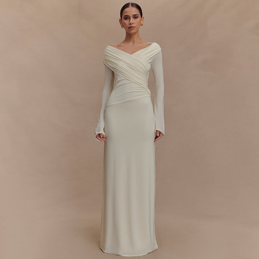 Damen elegantes Maxikleid mit off-shoulder Design und Wickeldetails EB