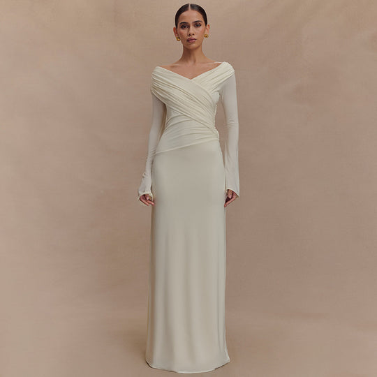 Damen elegantes Maxikleid mit off-shoulder Design und Wickeldetails EB