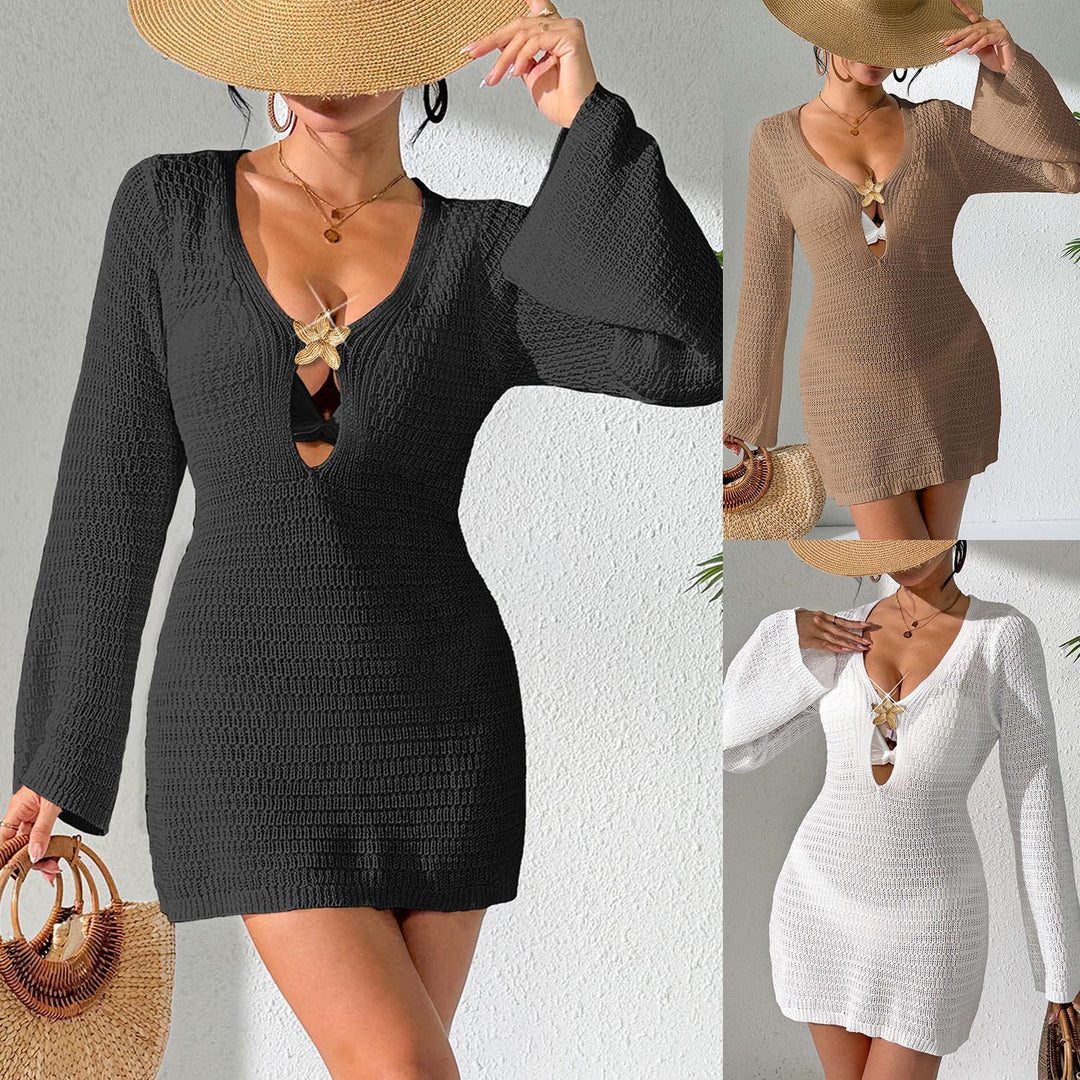 Damen gehäkeltes Strandkleid mit elegantem V-Ausschnitt und langen Ärmeln EB