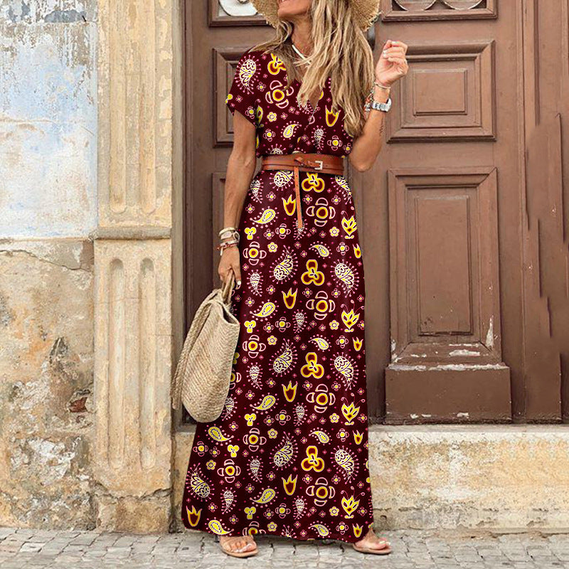 Damen Maxikleid mit floralem Paisleymuster und seitlichem Schlitz EB