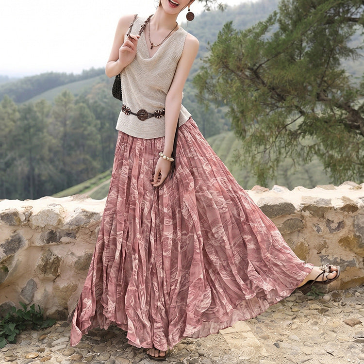 Damen  fein gefalteter Midirock mit Vintage Blumenprint und elastischem Taillenbund EB