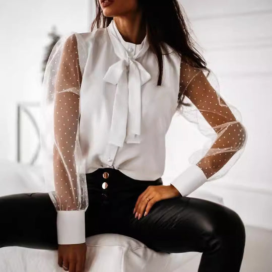 Damen Bluse mit transparenten Puffärmeln und filigranem Schleifen-Detail EB