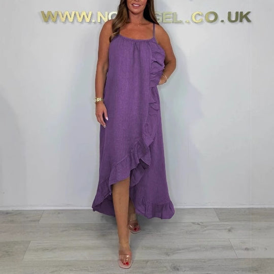 Damen Langarm Maxikleid mit asymmetrischem Saum und Rüsche EB