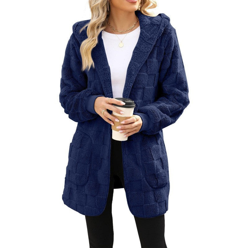 Damen nan kuschelige Kapuzen-Longjacke aus Teddyfleece mit aufgesetzten Taschen und strukturierter Karooptik EB