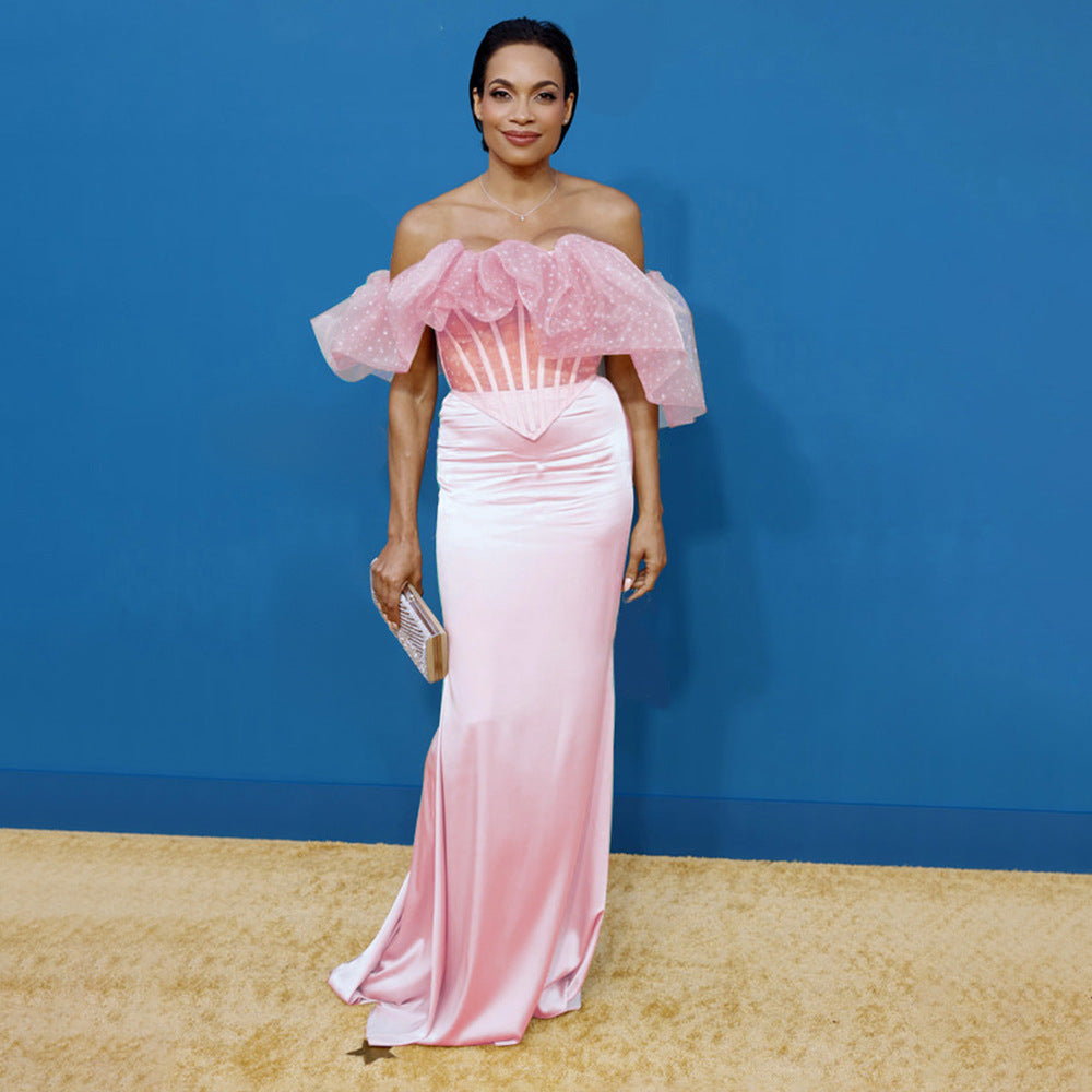 Damen Elegantes langes Abendkleid mit voluminösen Rüschen und figurformendem Design EB