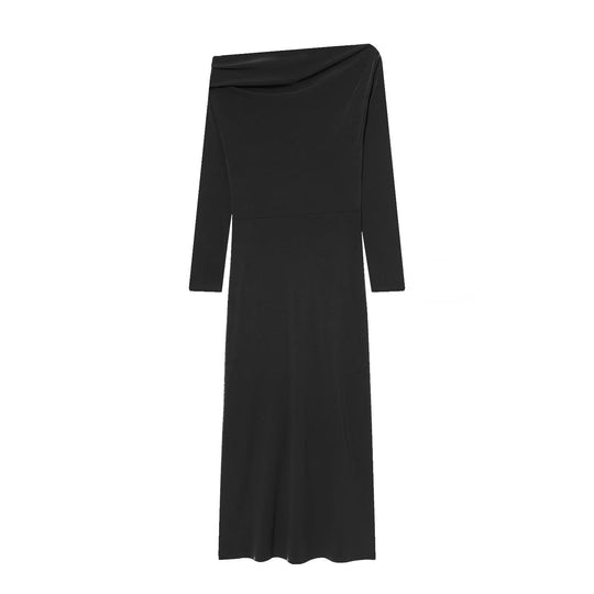 Damen elegantes Maxikleid mit asymmetrischem Ausschnitt und dekorativer Drapierung EB