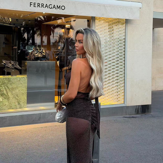 Damen schimmerndes Abendkleid mit tiefem V-Ausschnitt und Taillengürtel EB