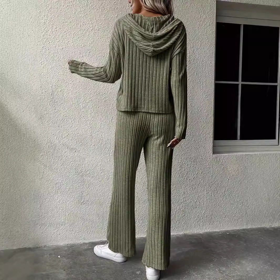 Damen lässiges Strickset mit weichem Hoodie und weiten Hosen EB