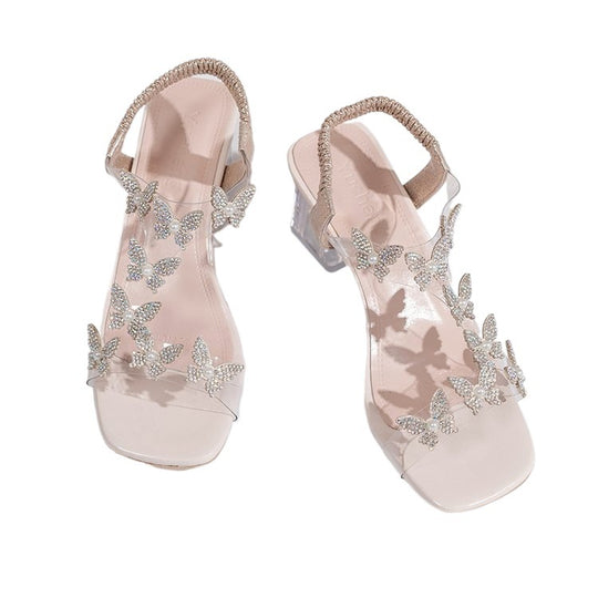 Damen Elegante und funkelnde Sandalen mit transparentem Blockabsatz EB