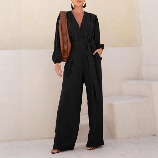 Damen Eleganter Palazzo-Jumpsuit mit tiefem V‑Ausschnitt, Bindegürtel und Ballonärmeln EB