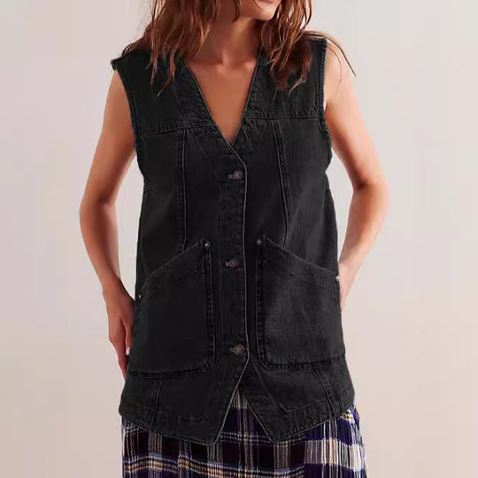 Damen Denim-Weste mit lässigem Schnitt und praktischen Taschen EB