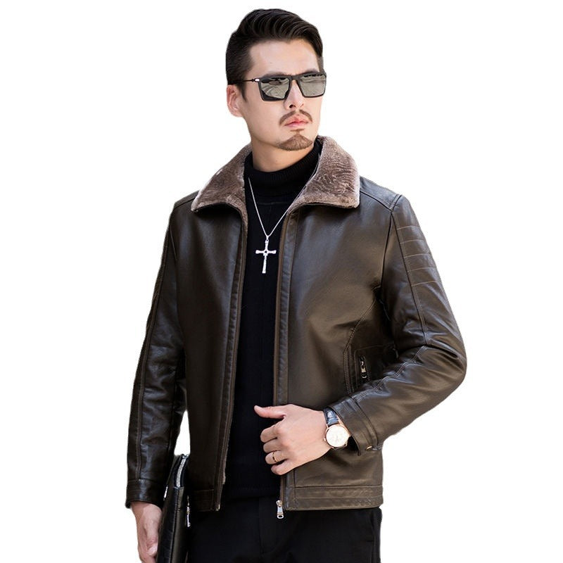 Herren Lederimitat-Übergangsjacke mit durchgehendem Teddyfutter und umlegbarem Kragen EB