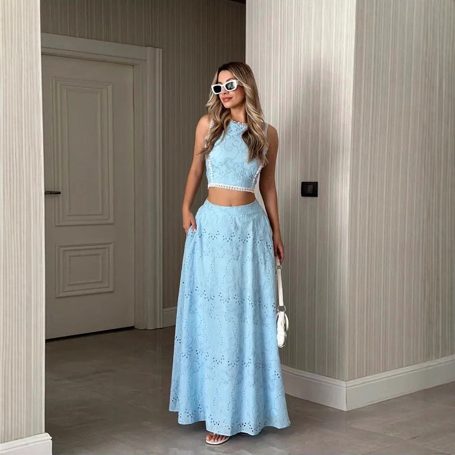 Damen Maxikleid mit filigranem Lochstickmuster und modischem Crop-Oberteil EB