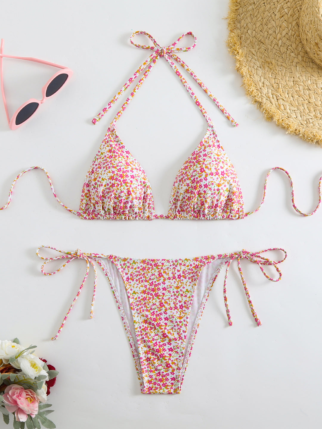 Damen Triangel-Bikini mit liebevollem Blumenmuster und verstellbaren Trägern EB