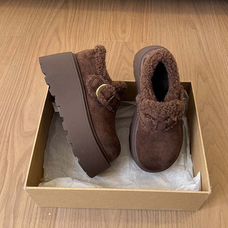 Damen Plüschige Slipper mit robustem Plateau und eleganter Schnalle EB