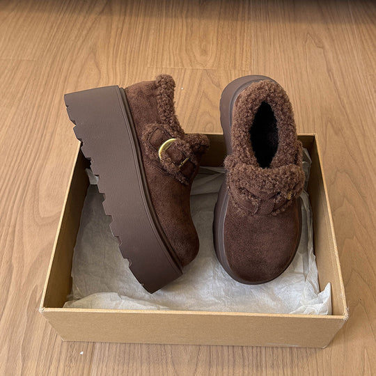 Damen Plüschige Slipper mit robustem Plateau und eleganter Schnalle EB