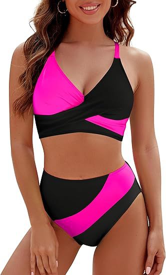Damen Hoch tailliertes Bikini-Set mit modischem Wickeloberteil EB