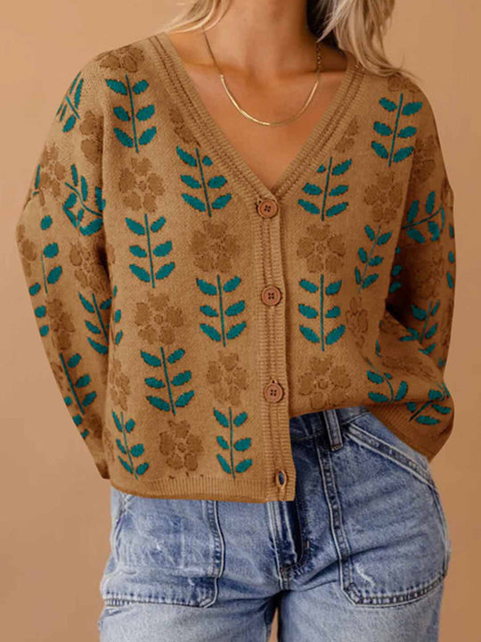 Damen Strickjacke mit floralem Design und Knopfdetails EB