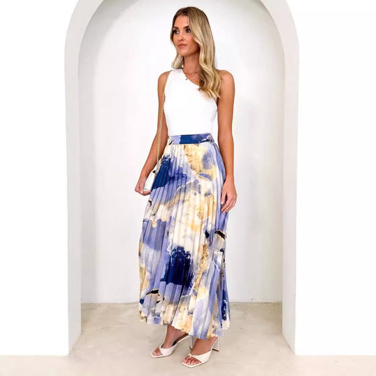 Damen Eleganter Plissee-Rock mit floralem Design und elastischem Bund EB