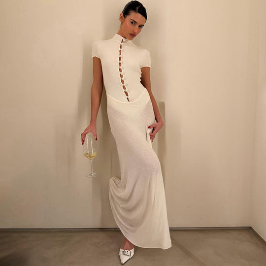 Damen Elegantes Maxikleid mit kurzer Knopfleiste und transparentem Stoff EB