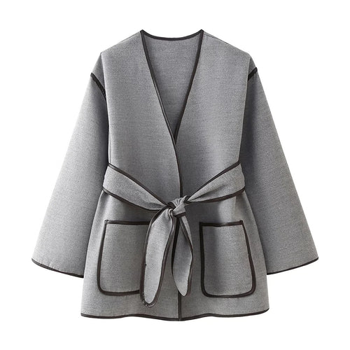 Damen elegante Wickeljacke mit praktischen Taschen EB