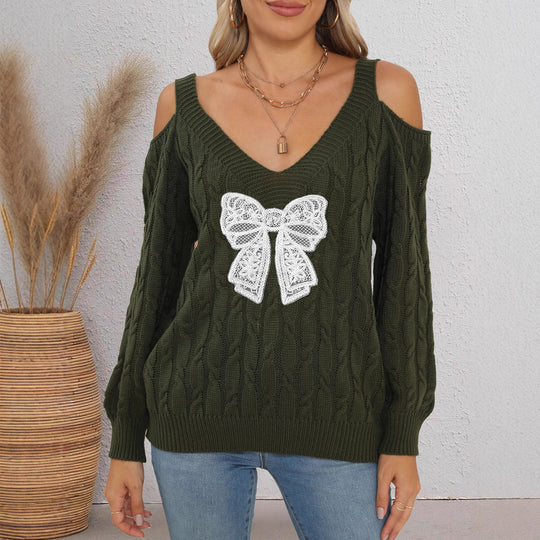 Damen modischer Pullover mit verspielt eingestricktem Schleifenmotiv EB