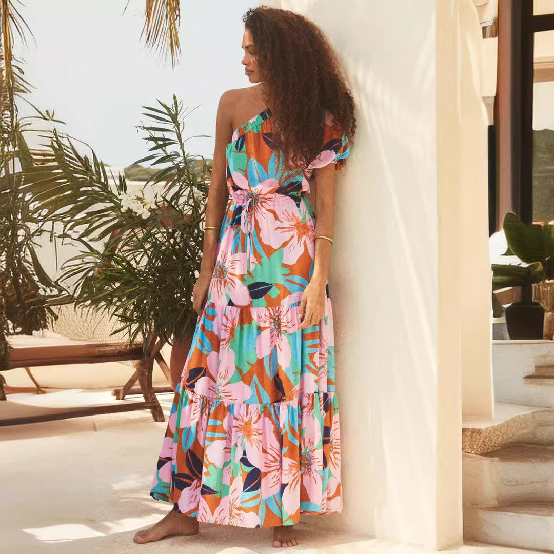 Damen Maxikleid mit raffiniertem One-Shoulder-Design und voluminösem Saum EB