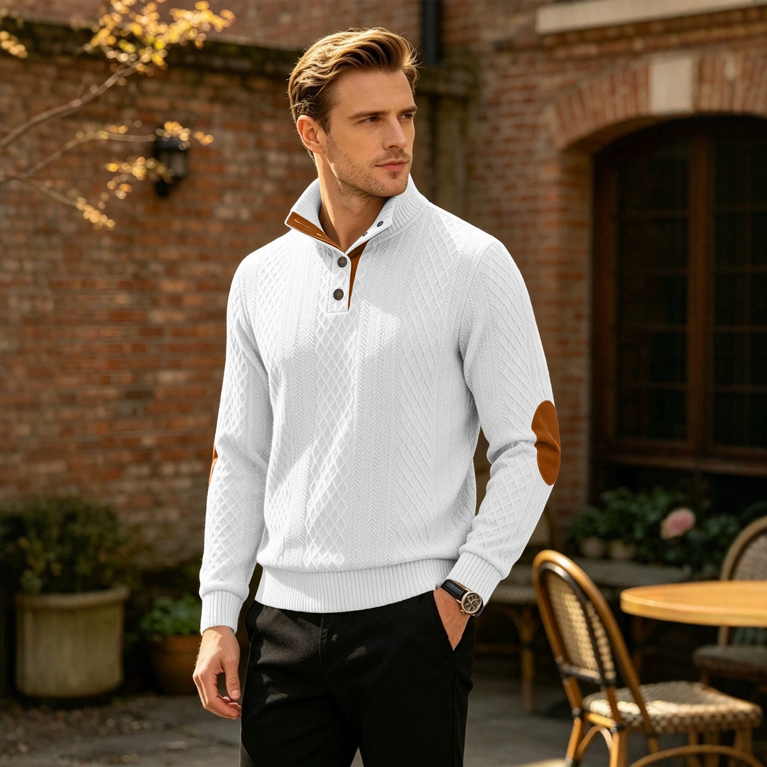 Herren Kabelstrick Troyer Pullover mit Stehkragen und Lederoptik-Ellbogen-Patches EB