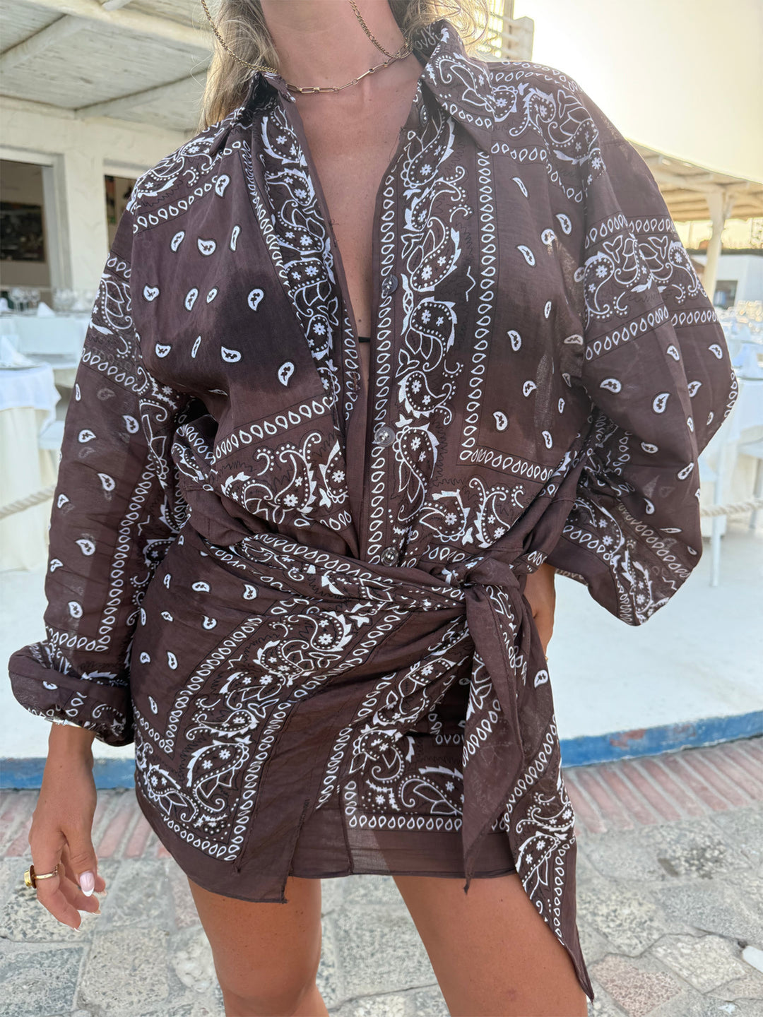 Damen Kimono-Jacke mit eleganter Bandana-Optik und taillierbarem Design EB
