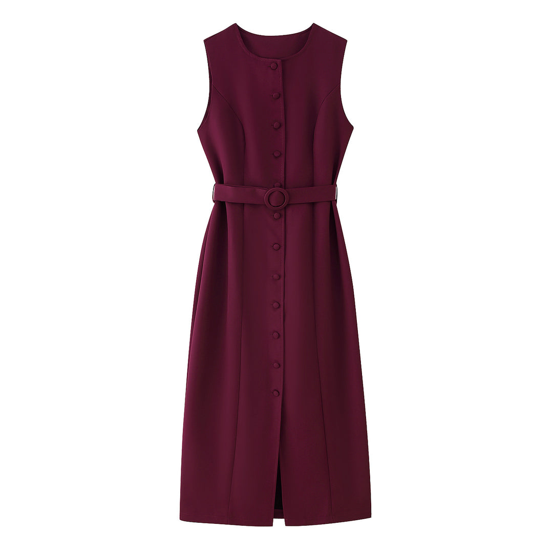Damen ärmelloses Wickelkleid mit Knopfverschluss und Taillengürtel EB