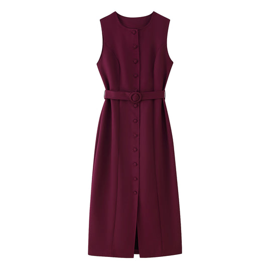 Damen ärmelloses Wickelkleid mit Knopfverschluss und Taillengürtel EB