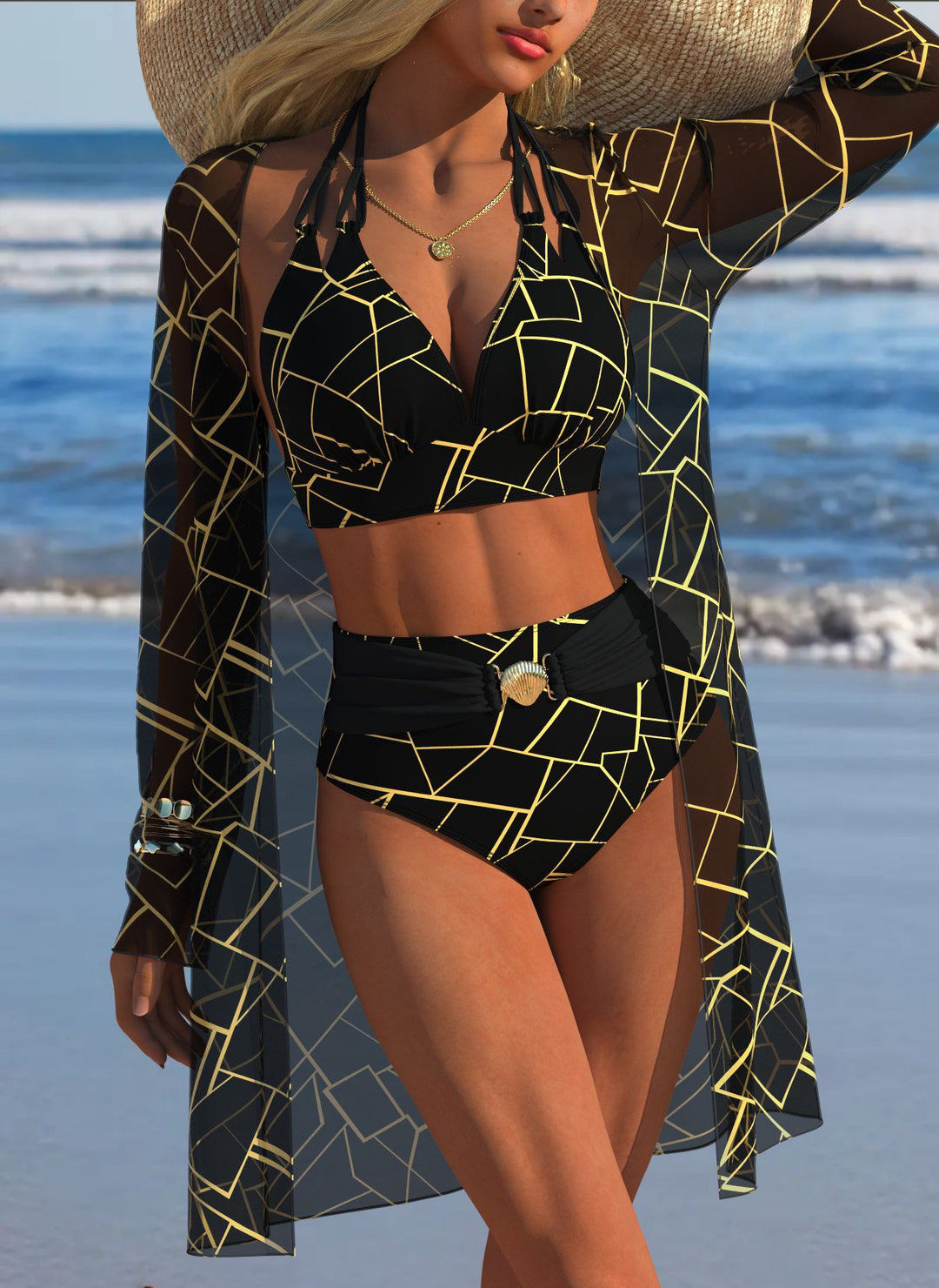 Damen Bikini-Set mit kreativem geometrischen Design und hohem Bund EB
