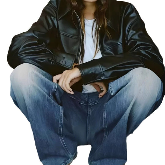 Damen Lässige Kunstlederjacke mit oversized Schnitt und eleganten Details EB