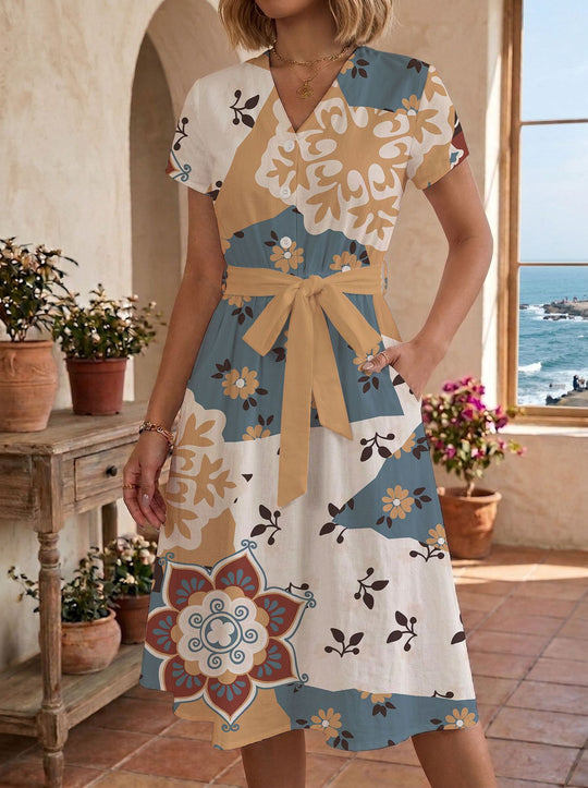 Damen Sommerliches Kleid mit taillierbarem Bindegürtel und floralem Muster EB