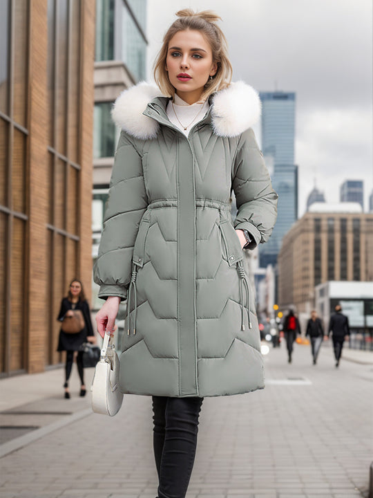 Damen eleganter und isolierter Wintermantel mit abnehmbarem Kunstfellkragen EB