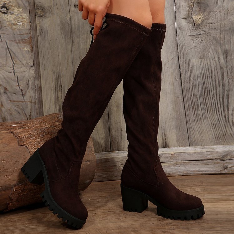 Damen Überknee-Stiefel mit modischem Leopardenmuster und robustem Blockabsatz EB