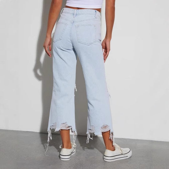 Damen Mom Jeans mit ausgefranstem Saum und Rippen-Details EB