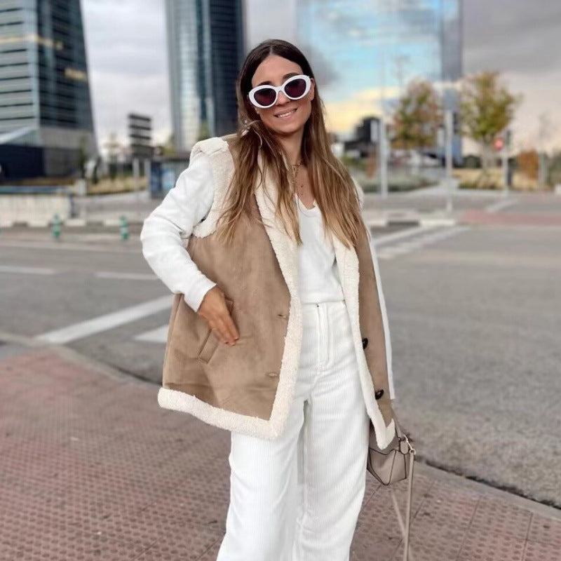 Damen warme Fleece-Weste mit klassischem Kragen und praktischen Taschen EB