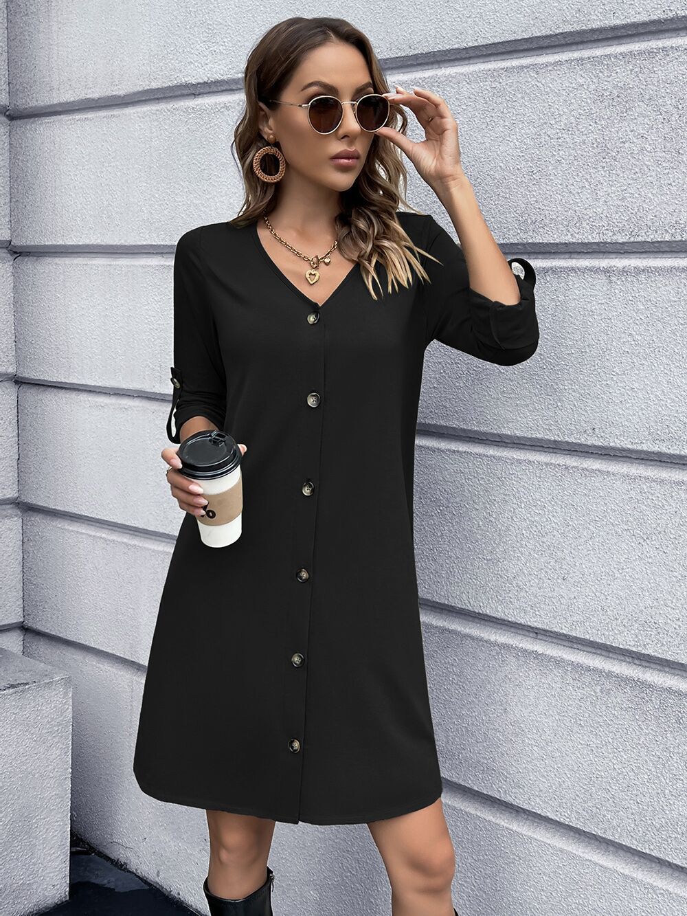 Damen lässiges Knopfkleid mit V-Ausschnitt und 3/4-Ärmeln EB